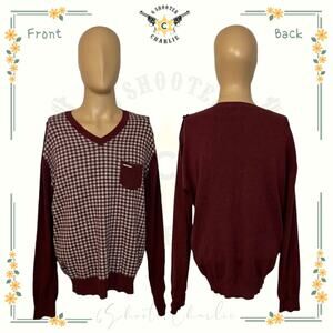 MARC ECKO Cut & Sew Cotton Plaid LS SWEATER w Pocket Maroon Men Size Large
